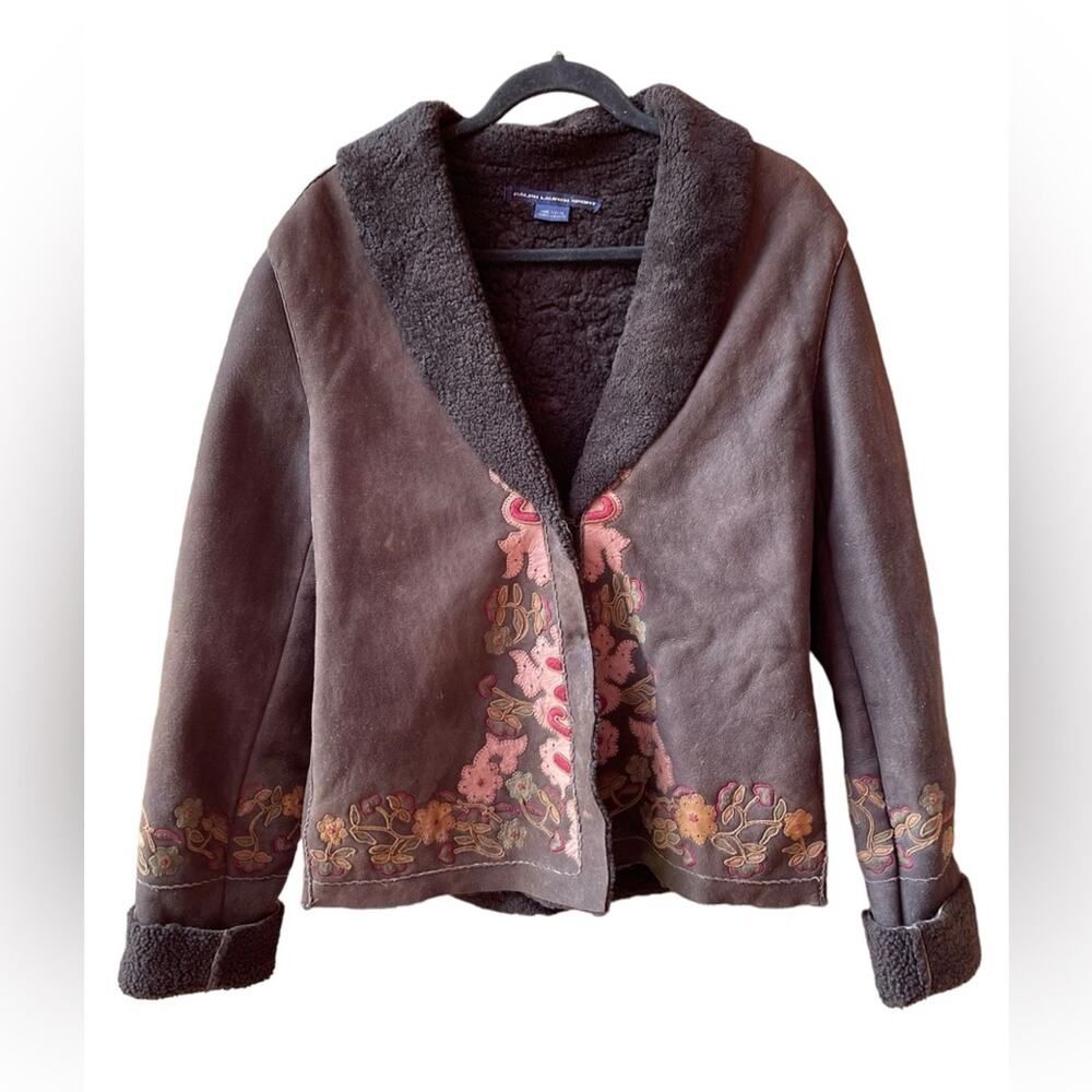 VTG Ralph Lauren Coat SHEARLING Suede LEATHER Embroider BOHO Penny Lane Women